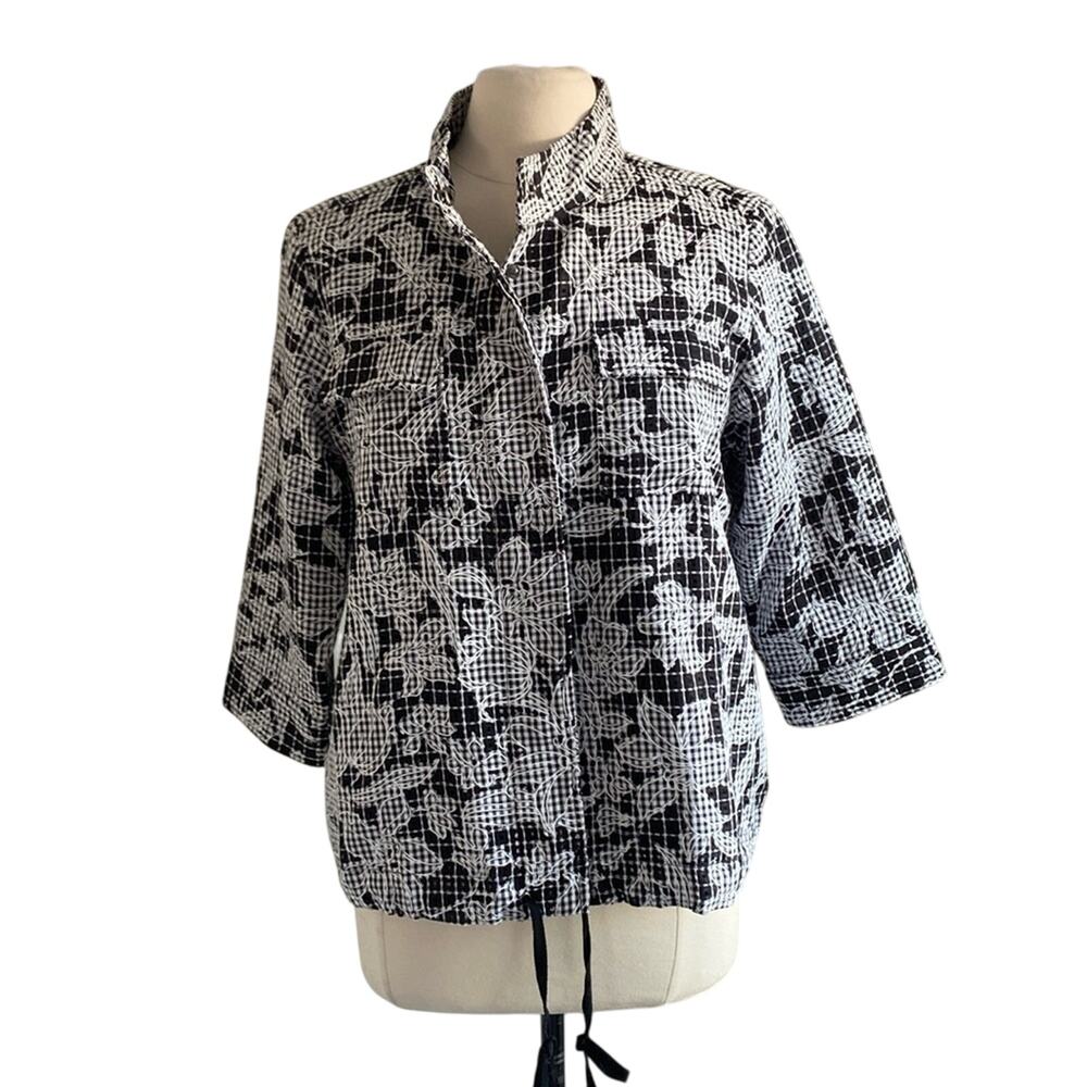 CHRISTOPHER & BANKS Snap Front Floral Jacket Womens Sz Medium Black Gingham